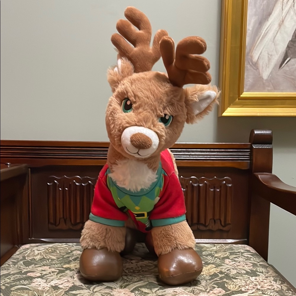 Plush Build-A-Bear Reindeer Toy with Red and Green Outfit